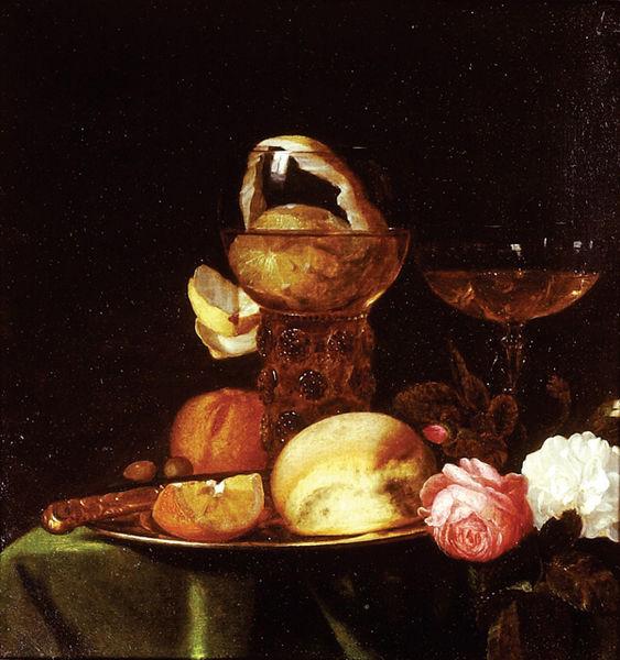 simon luttichuys Still Life with Fruit and Roses a.k.a. Still-Life with a Peeled Lemon in a Roemer. France oil painting art